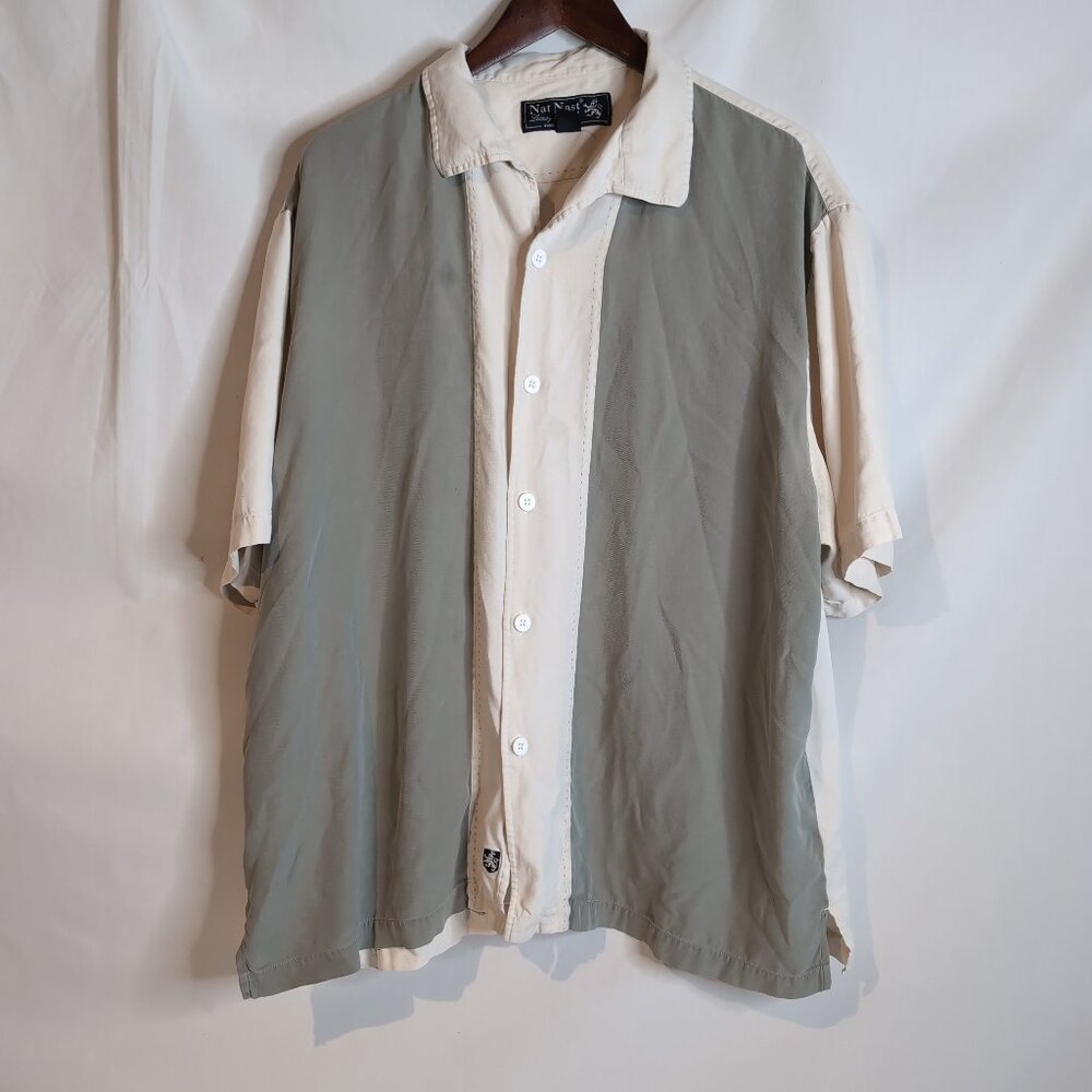 Nat Nast Men's Green/Off-White Short Sleeve Button Up Shirt 100% Silk Luxury, XL